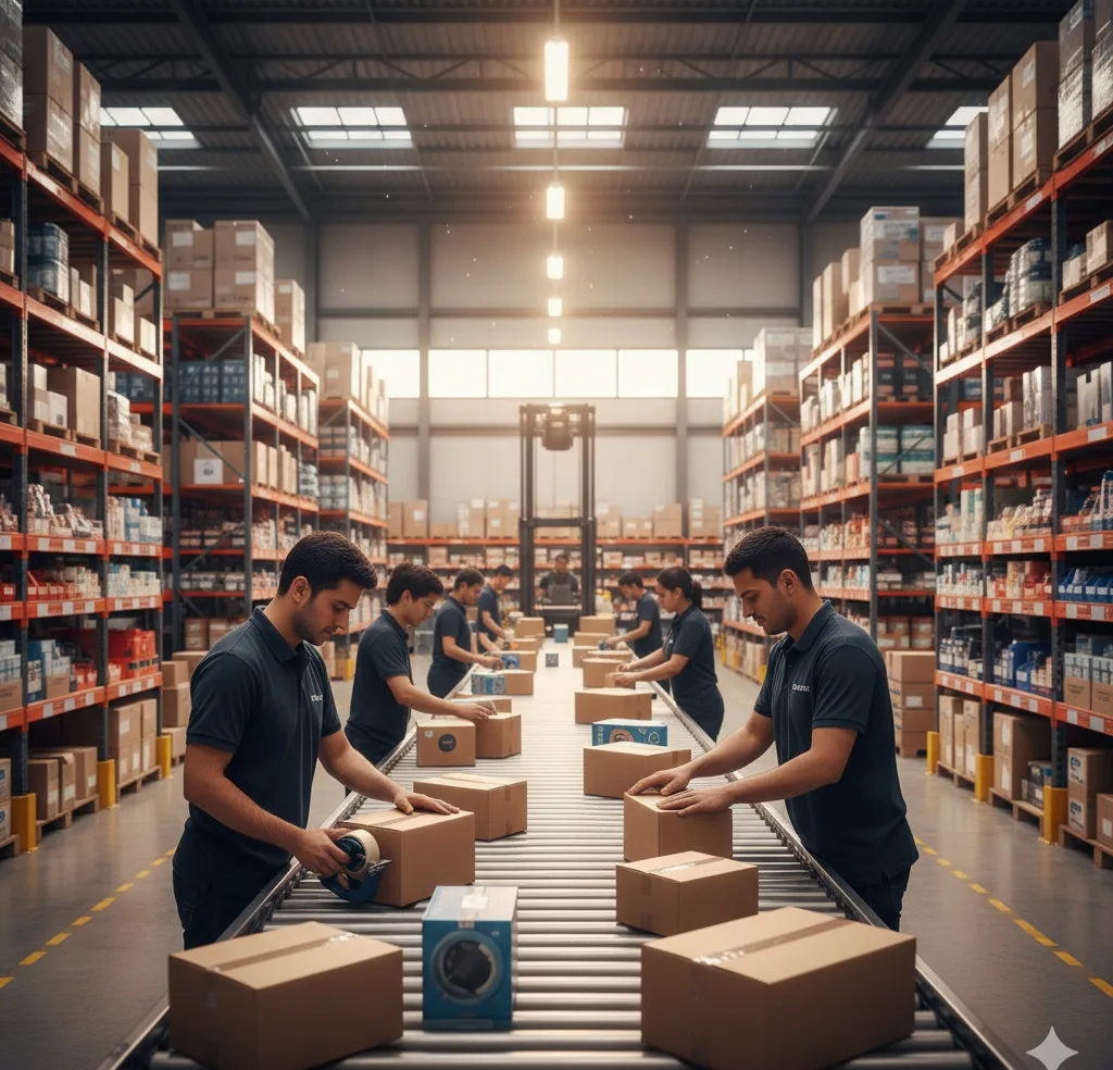 Modern fulfillment warehouse with workers processing e-commerce orders