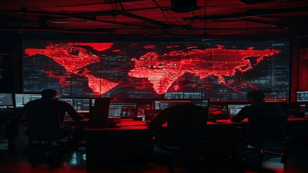 Night operations center with a red-lit map of Ukraine — MTP Group runs two Kyiv-region fulfillment sites that kept shipping through four war years